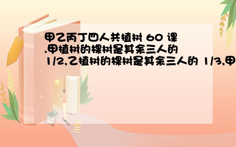 甲乙丙丁四人共植树 60 课.甲植树的棵树是其余三人的 1/2,乙植树的棵树是其余三人的 1/3,甲、乙、丙、丁、四人共植树60课.甲植树的棵树是其余三人的 1/2,乙植树的棵树是其余三人的1/3,丙植