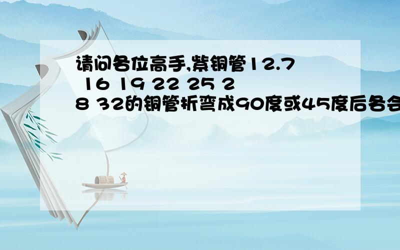 请问各位高手,紫铜管12.7 16 19 22 25 28 32的铜管折弯成90度或45度后各会耗损多少铜材.请指点.谢谢