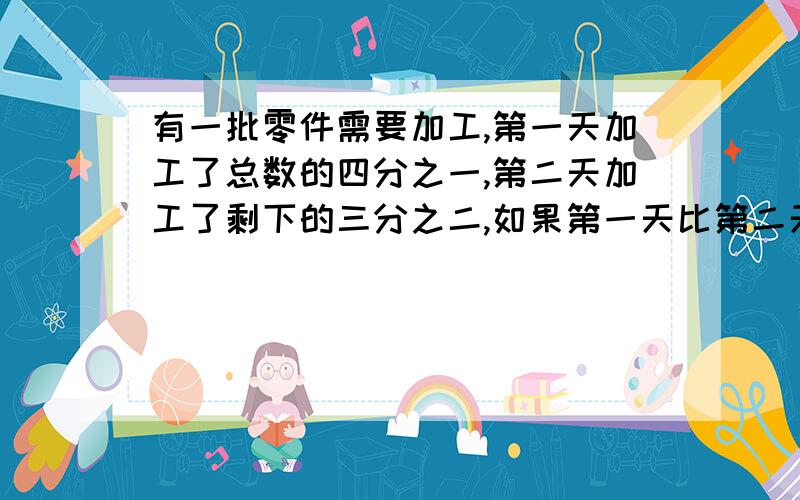 有一批零件需要加工,第一天加工了总数的四分之一,第二天加工了剩下的三分之二,如果第一天比第二天比第二天少加工90个,那么这批零件共有多少个?