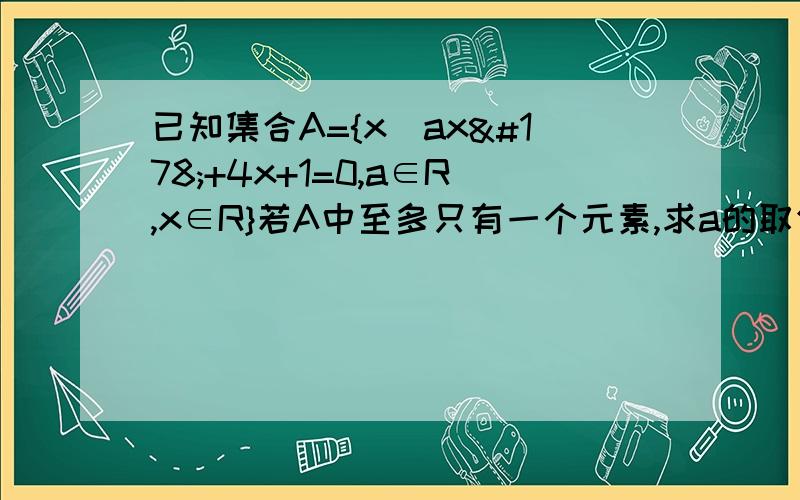 已知集合A={x|ax²+4x+1=0,a∈R,x∈R}若A中至多只有一个元素,求a的取值范围