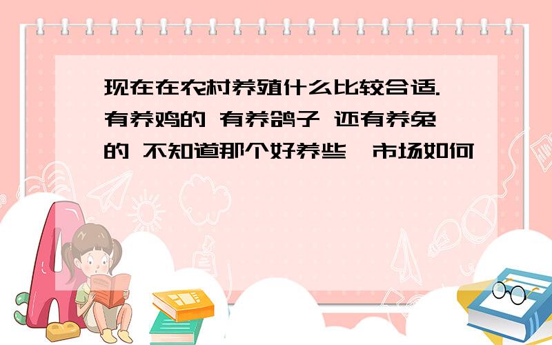 现在在农村养殖什么比较合适.有养鸡的 有养鸽子 还有养兔的 不知道那个好养些,市场如何