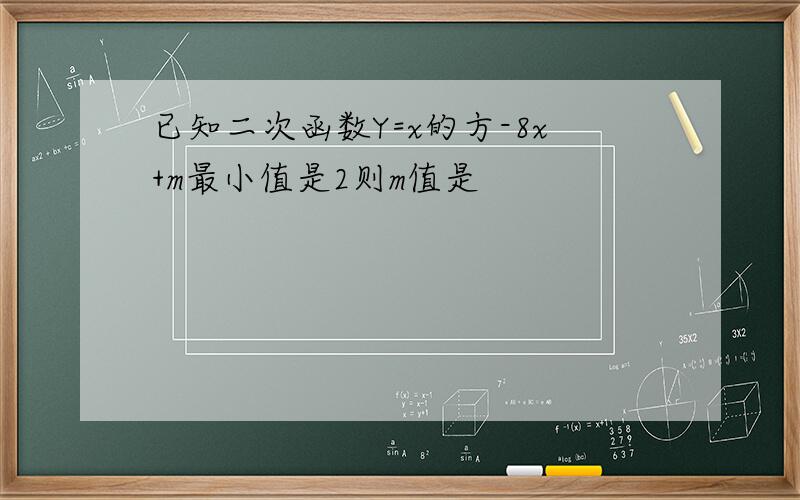 已知二次函数Y=x的方-8x+m最小值是2则m值是