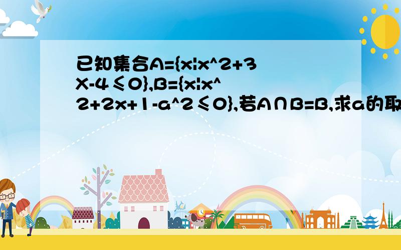 已知集合A={x|x^2+3X-4≤0},B={x|x^2+2x+1-a^2≤0},若A∩B=B,求a的取值范围