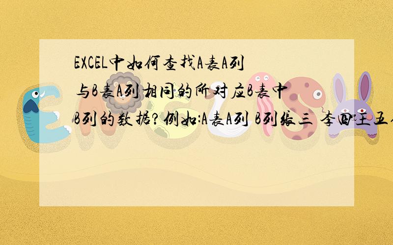 EXCEL中如何查找A表A列与B表A列相同的所对应B表中B列的数据?例如:A表A列 B列张三 李四王五何六B表A列 B列 李四 50张三 60陈七 90何六 70马八 40王五 80我想在A表的B列中填上与B表中A列相同的对应