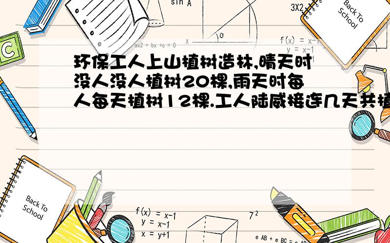 环保工人上山植树造林,晴天时没人没人植树20棵,雨天时每人每天植树12棵.工人陆威接连几天共植树112棵,平均每天植树14棵.问：路威植树期间共有几天是雨天?