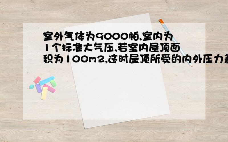 室外气体为9000帕,室内为1个标准大气压,若室内屋顶面积为100m2,这时屋顶所受的内外压力差可达多少?