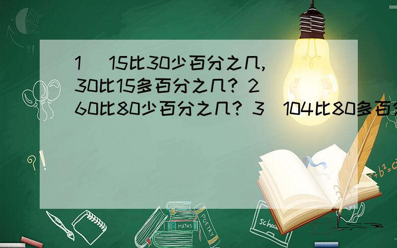 1) 15比30少百分之几,30比15多百分之几? 2)60比80少百分之几? 3）104比80多百分之几?4)李师傅原来生产1600个零件需要8天,技术革新以后,每天能生产250个,工作效率提高了百分之几?