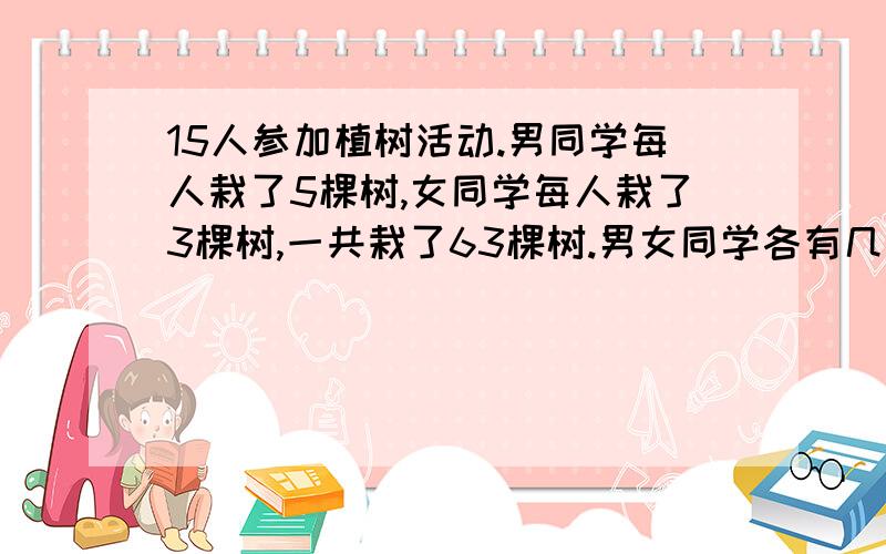 15人参加植树活动.男同学每人栽了5棵树,女同学每人栽了3棵树,一共栽了63棵树.男女同学各有几人?