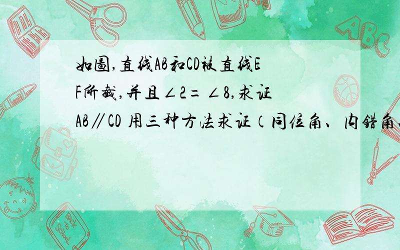 如图,直线AB和CD被直线EF所截,并且∠2=∠8,求证AB∥CD 用三种方法求证（同位角、内错角、同旁内角）同旁内角（互补） 在线等 （有财富）