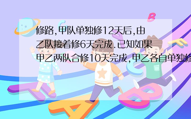 修路,甲队单独修12天后,由乙队接着修6天完成.已知如果甲乙两队合修10天完成,甲乙各自单独修这段路,各几天完成?最好不用方程,)