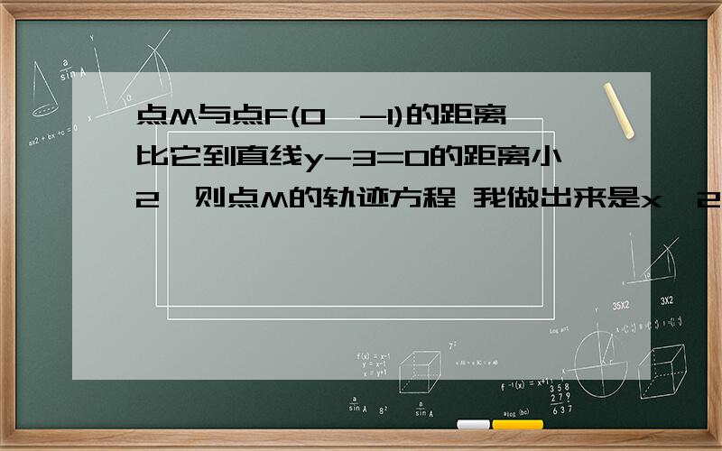 点M与点F(0,-1)的距离比它到直线y-3=0的距离小2,则点M的轨迹方程 我做出来是x^2+12y-24=0,但答案是x^2+4y=0