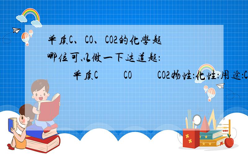 单质C、CO、CO2的化学题哪位可以做一下这道题：            单质C         CO         CO2物性：化性：用途：CO和CO2的多很好写,可是单质C的就不会了,哪位大神帮忙一下.