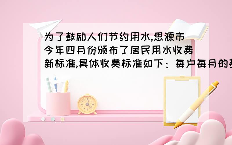 为了鼓励人们节约用水,思源市今年四月份颁布了居民用水收费新标准,具体收费标准如下：每户每月的基本用水量为20立方米,每立方米收费2.4元,超出基本用水量1-10立方米的,超出基本用水量