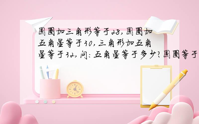 圆圈加三角形等于28,圆圈加五角星等于30,三角形加五角星等于32,问:五角星等于多少?圆圈等于多少?三角形等于多少?