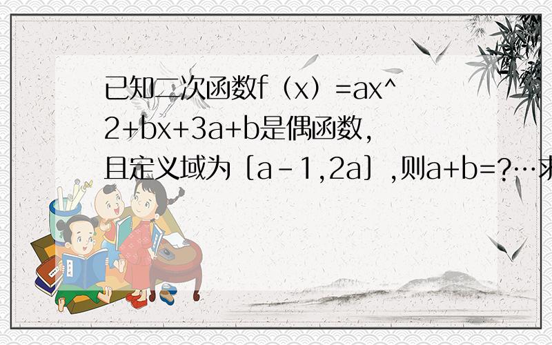 已知二次函数f（x）=ax^2+bx+3a+b是偶函数,且定义域为［a-1,2a］,则a+b=?…求详解