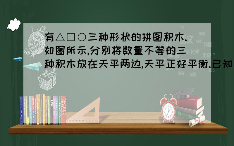 有△□○三种形状的拼图积木.如图所示,分别将数量不等的三种积木放在天平两边,天平正好平衡.已知这三种积木各取1个,工重68k克,△的质量是多少克?