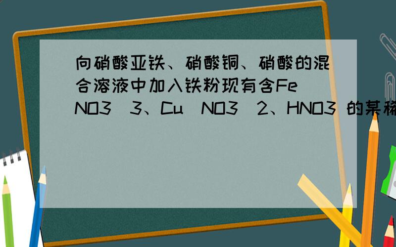 向硝酸亚铁、硝酸铜、硝酸的混合溶液中加入铁粉现有含Fe(NO3)3、Cu(NO3)2、HNO3 的某稀溶液,若向其中逐步加入铁粉,溶液中Fe2+ 浓度与加入铁粉的物质的量之间的关系如图所示,则该溶液中Fe(NO3)3