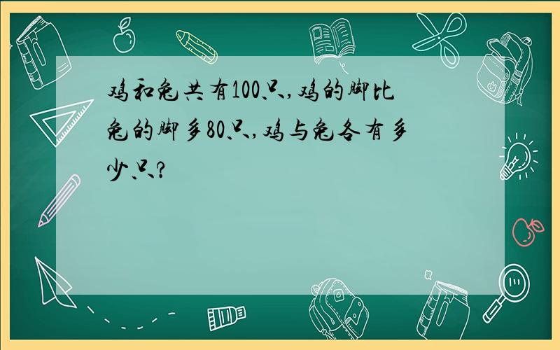 鸡和兔共有100只,鸡的脚比兔的脚多80只,鸡与兔各有多少只?