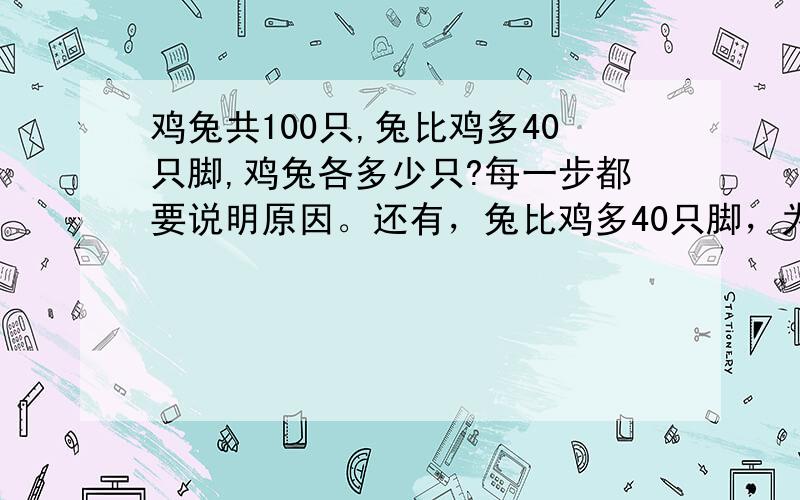 鸡兔共100只,兔比鸡多40只脚,鸡兔各多少只?每一步都要说明原因。还有，兔比鸡多40只脚，为什么兔比鸡还少呢？？？？？？？？？？