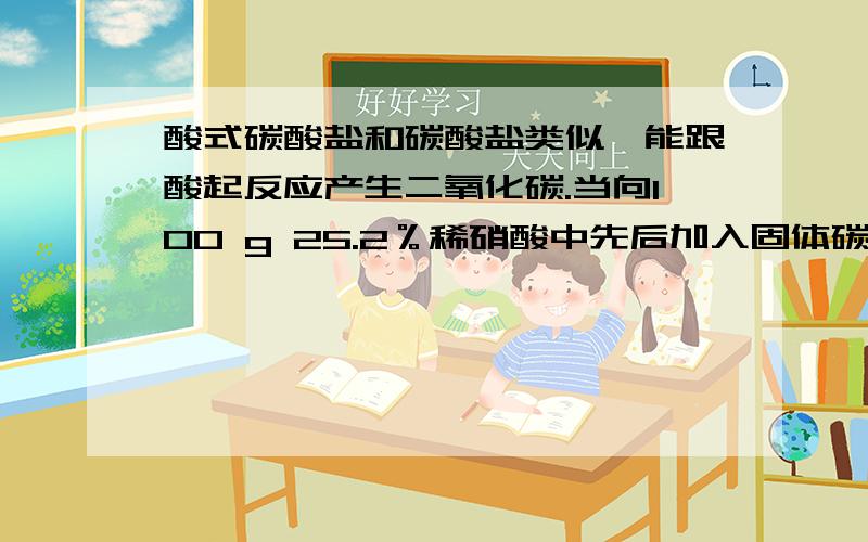 酸式碳酸盐和碳酸盐类似,能跟酸起反应产生二氧化碳.当向100 g 25.2％稀硝酸中先后加入固体碳酸氢钠（NaHCO3）和氢氧化钠共20.4 g时,硝酸恰好耗尽；再将所得溶液蒸发掉39.5 g水时,刚好得到10