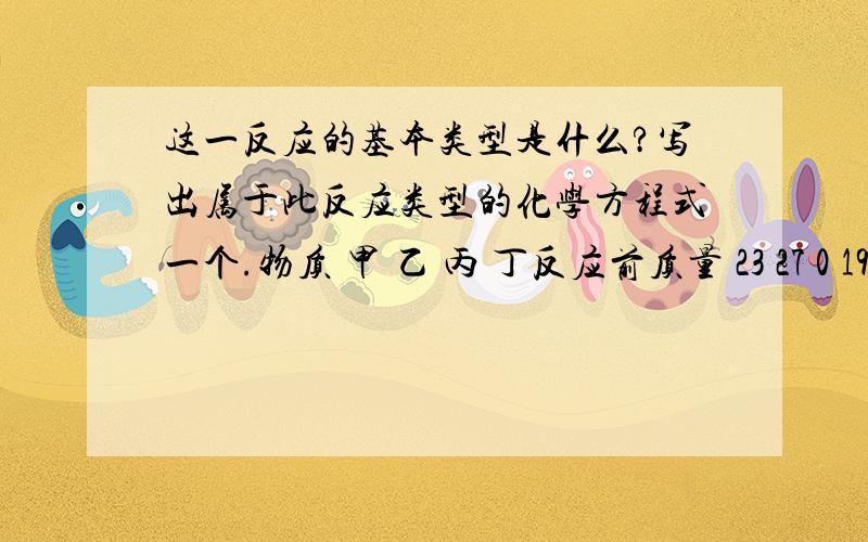 这一反应的基本类型是什么?写出属于此反应类型的化学方程式一个.物质 甲 乙 丙 丁反应前质量 23 27 0 19反应后质量 X 2 58 5