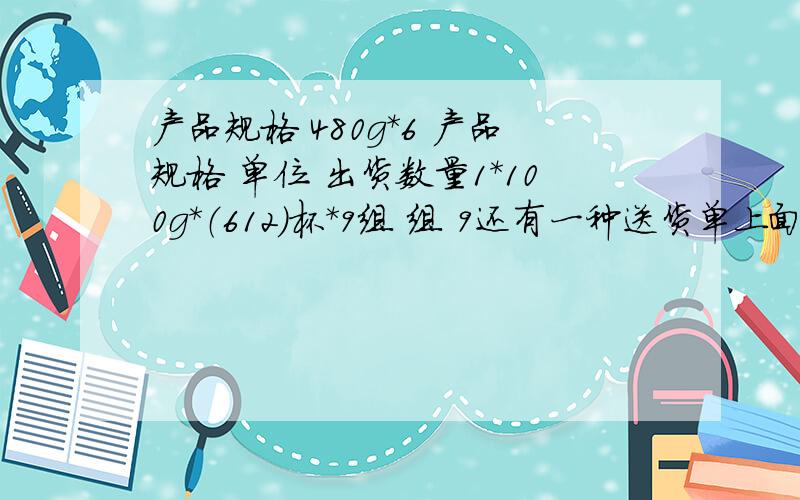 产品规格 480g*6 产品规格 单位 出货数量1*100g*（612）杯*9组 组 9还有一种送货单上面写的是480g*6 箱 30为什么第一个录入ERP系统里面是数量是5而下面这个是180这个规格看不懂