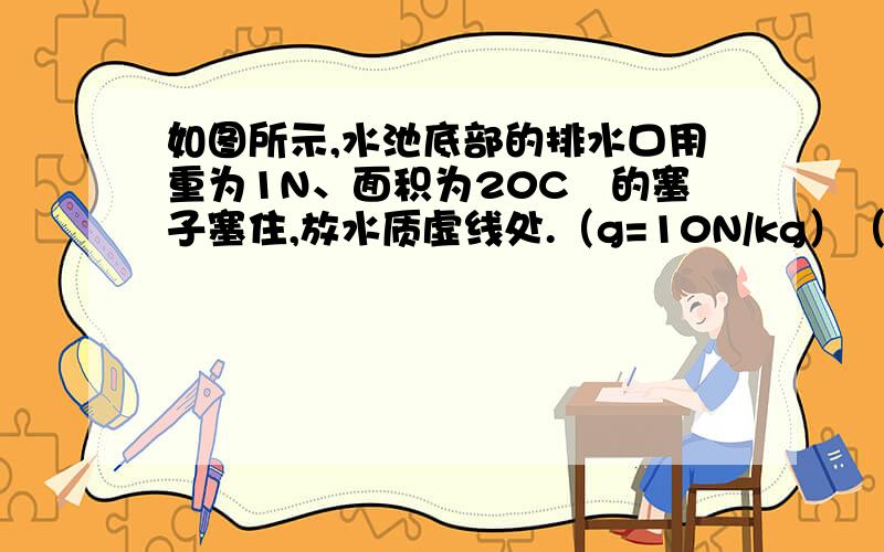 如图所示,水池底部的排水口用重为1N、面积为20C㎡的塞子塞住,放水质虚线处.（g=10N/kg）（1)图甲中,池中的水深为25m,如用弹簧测力计向上逐渐用力拉塞子,问当弹簧测力计的示数为多少时,塞