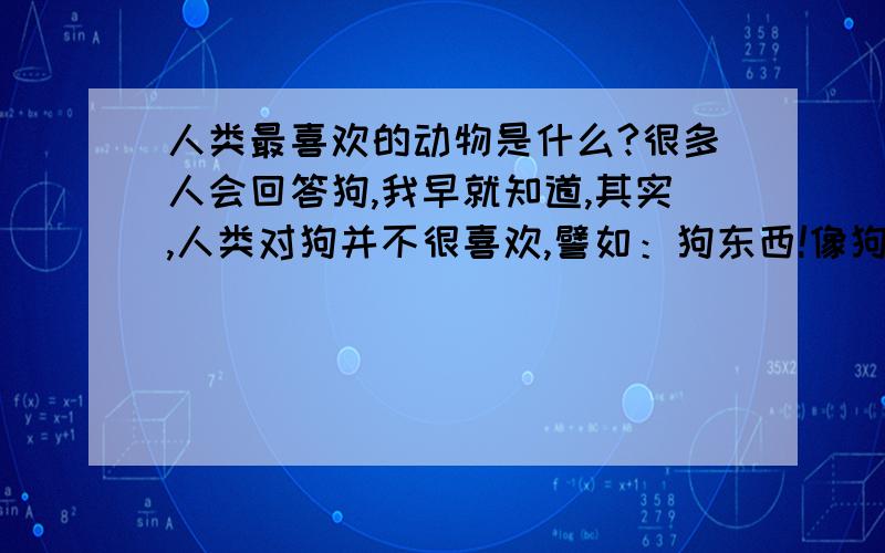 人类最喜欢的动物是什么?很多人会回答狗,我早就知道,其实,人类对狗并不很喜欢,譬如：狗东西!像狗咬一样!狗扯羊腿,猪狗不如、走狗、留一条狗命吧,求求你.所以,人类真正喜欢的动物据统