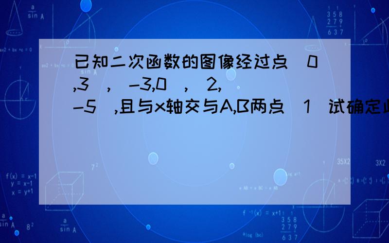 已知二次函数的图像经过点（0,3),（-3,0）,（2,-5）,且与x轴交与A,B两点（1）试确定此二次函数的解析式（2）判断点P（-2,3）是否在这个二次函数的图像上如果在,请求出三角形PAB的面积；如果