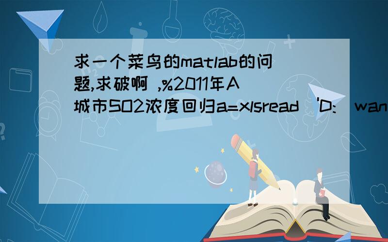 求一个菜鸟的matlab的问题,求破啊 ,%2011年A城市SO2浓度回归a=xlsread('D:\wangheng\A题-数据附件.xls','sheet1','B3:B1019');t=1:1:1019;[p,s]=polyfit(t,a',5)t1=1:1:1019;a1=polyval(p,t1);%画出拟合前与拟合后的图plot(t,a,'-',