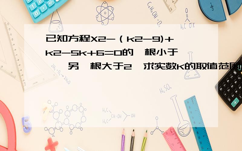 已知方程X2-（k2-9)+k2-5k+6=0的一根小于一,另一根大于2,求实数K的取值范围麻烦写清楚解题过程,X2,K2都表示平方~