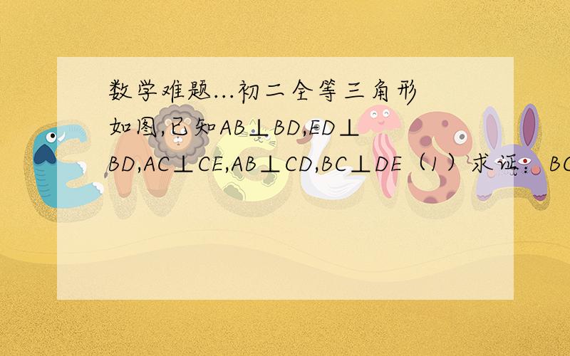 数学难题...初二全等三角形如图,已知AB⊥BD,ED⊥BD,AC⊥CE,AB⊥CD,BC⊥DE（1）求证：BC⊥DE．（2）若将CD沿CB方向平移得到图(2)(3)(4)(5)的情形,其余条件不变,结论BC1=DE还成立吗?请说明理由．对不起