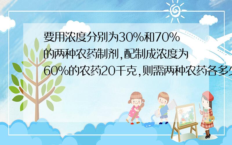 要用浓度分别为30%和70%的两种农药制剂,配制成浓度为60%的农药20千克,则需两种农药各多少千克?溶液*浓度=溶质