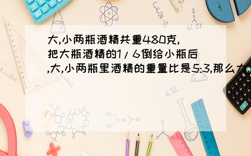 大,小两瓶酒精共重480克,把大瓶酒精的1/6倒给小瓶后,大,小两瓶里酒精的重量比是5:3,那么大,小两瓶原来装酒精,各多少克?