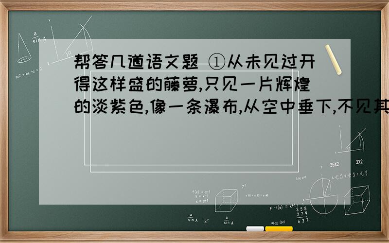 帮答几道语文题 ①从未见过开得这样盛的藤萝,只见一片辉煌的淡紫色,像一条瀑布,从空中垂下,不见其发端,也不见其终极.只是深深浅浅的紫,仿佛在流动,在欢笑,在不停地生长.紫色的大条幅