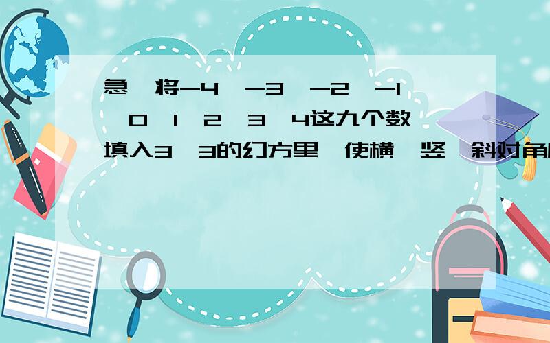 急,将-4,-3,-2,-1,0,1,2,3,4这九个数填入3*3的幻方里,使横,竖,斜对角所有3个数相加为0