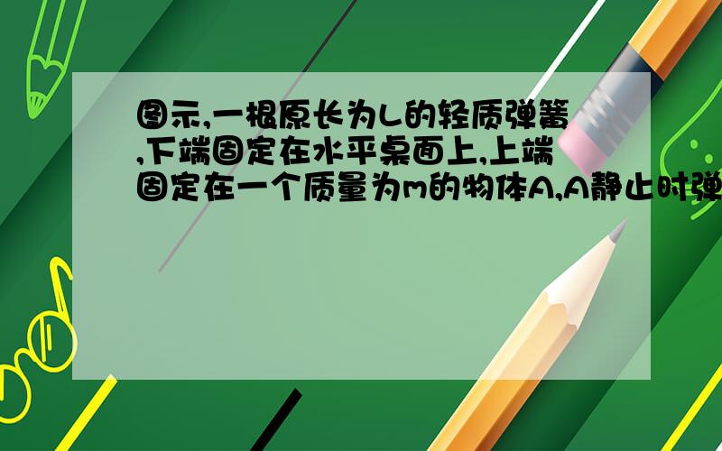 图示,一根原长为L的轻质弹簧,下端固定在水平桌面上,上端固定在一个质量为m的物体A,A静止时弹簧的压缩量为L1.,在A是哪个再放一个质量也是m的物体B,并在B上施加一竖直向下的力F,使得弹簧在