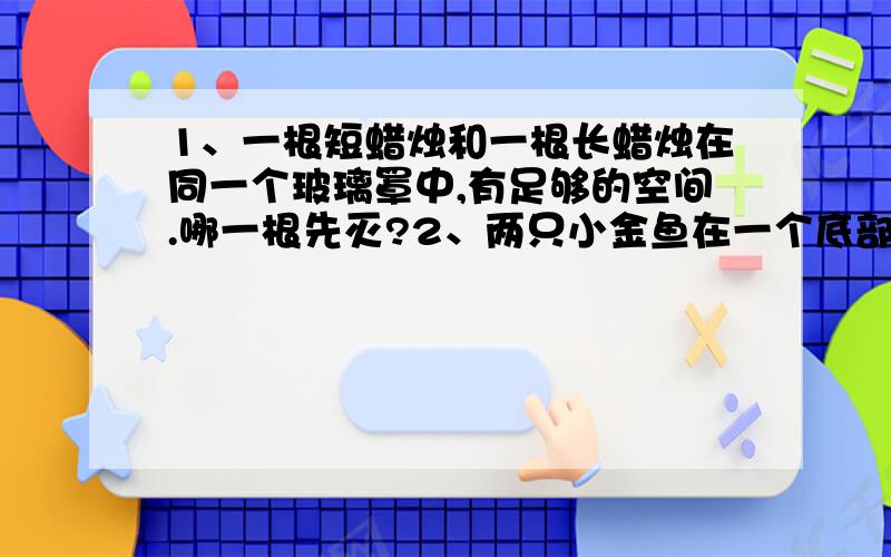 1、一根短蜡烛和一根长蜡烛在同一个玻璃罩中,有足够的空间.哪一根先灭?2、两只小金鱼在一个底部为圆球,颈为圆柱形,开口在顶部的玻璃容器内.用酒精灯加热盛水烧瓶的颈部,小金鱼会怎样?