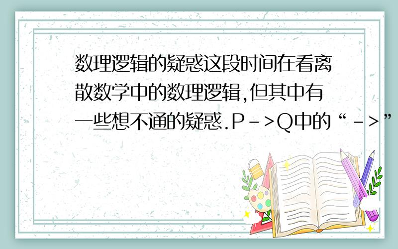 数理逻辑的疑惑这段时间在看离散数学中的数理逻辑,但其中有一些想不通的疑惑.P->Q中的“->”是逻辑连词,它是通过真值表来定义的,那么P:A是正方形,Q：A的四边相等,从数学上P->Q是真命题,在