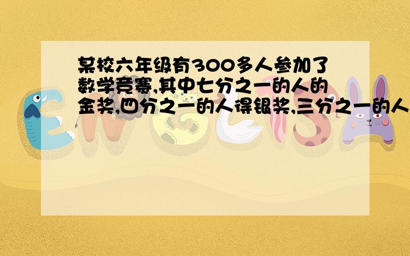 某校六年级有300多人参加了数学竞赛,其中七分之一的人的金奖,四分之一的人得银奖,三分之一的人得铜奖,其余的人得鼓励奖.得金奖的有多少人?各位大虾菜鸟们.......说到做到...我可以准确的