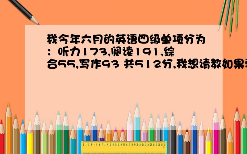 我今年六月的英语四级单项分为：听力173,阅读191,综合55,写作93 共512分,我想请教如果要过十二月份...我今年六月的英语四级单项分为：听力173,阅读191,综合55,写作93 共512分,我想请教如果要过