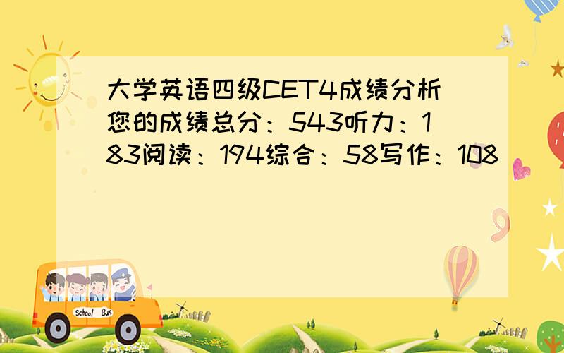 大学英语四级CET4成绩分析您的成绩总分：543听力：183阅读：194综合：58写作：108