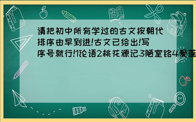 请把初中所有学过的古文按朝代排序由早到进!古文已给出!写序号就行!1论语2桃花源记3陋室铭4爱莲说5三峡6记承天寺夜游7马说8送东阳马生序9小石潭记10岳阳楼记11醉翁亭记12出师表13生于忧