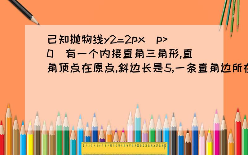 已知抛物线y2=2px(p>0)有一个内接直角三角形,直角顶点在原点,斜边长是5,一条直角边所在直线的方程是y=2x,求抛物线的方程.