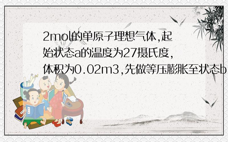 2mol的单原子理想气体,起始状态a的温度为27摄氏度,体积为0.02m3,先做等压膨胀至状态b(vb=2va)然后再做绝热膨胀到状态c(Tc=Ta) ,系统在上述过程中：（1）共吸收多少热量（2）系统对外作了多少功