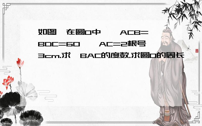 如图,在圆O中,∠ACB=∠BDC=60°,AC=2根号3cm.求∠BAC的度数.求圆O的周长