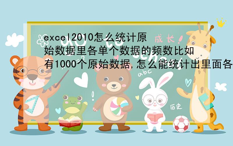 excel2010怎么统计原始数据里各单个数据的频数比如有1000个原始数据,怎么能统计出里面各数据出现的频数呢?我知道怎么统计分组后的频数,但这样统计单个数据的频数却不会.