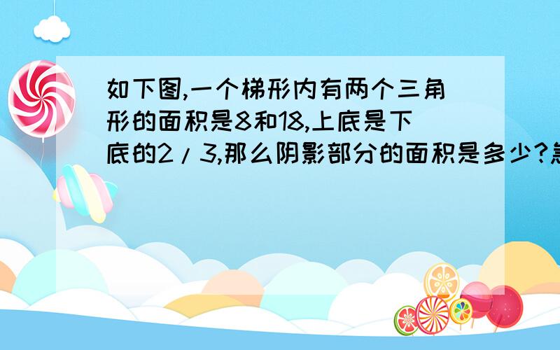 如下图,一个梯形内有两个三角形的面积是8和18,上底是下底的2/3,那么阴影部分的面积是多少?急.