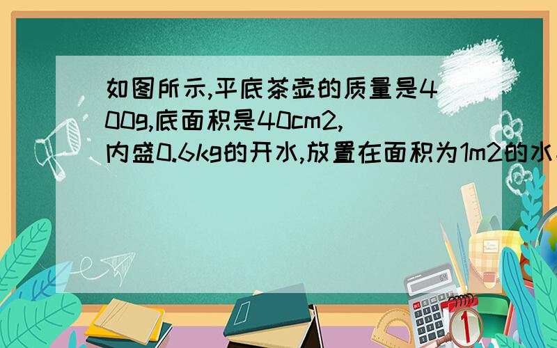 如图所示,平底茶壶的质量是400g,底面积是40cm2,内盛0.6kg的开水,放置在面积为1m2的水平桌面中央．试求（1）水对茶壶底部的压力；（2）茶壶对桌面的压强．：（1）∵茶壶静止在水平桌面上∴