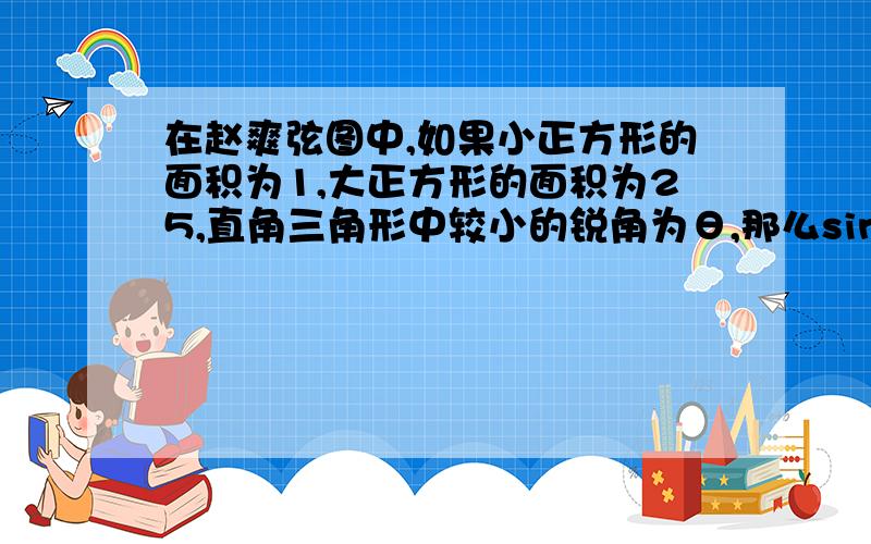 在赵爽弦图中,如果小正方形的面积为1,大正方形的面积为25,直角三角形中较小的锐角为θ,那么sinθ=?